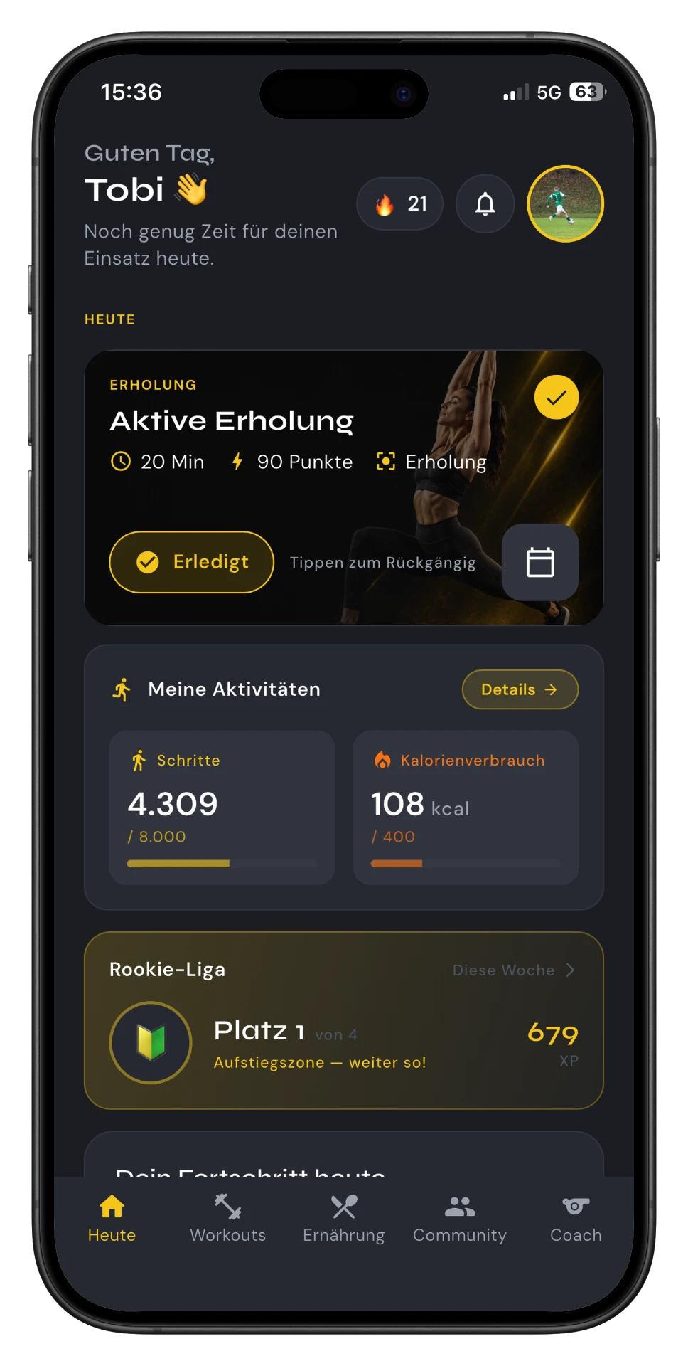 FIT-UP Me Heute-Ansicht mit Tagesplan, Fitness-Score und Streak auf dem iPhone