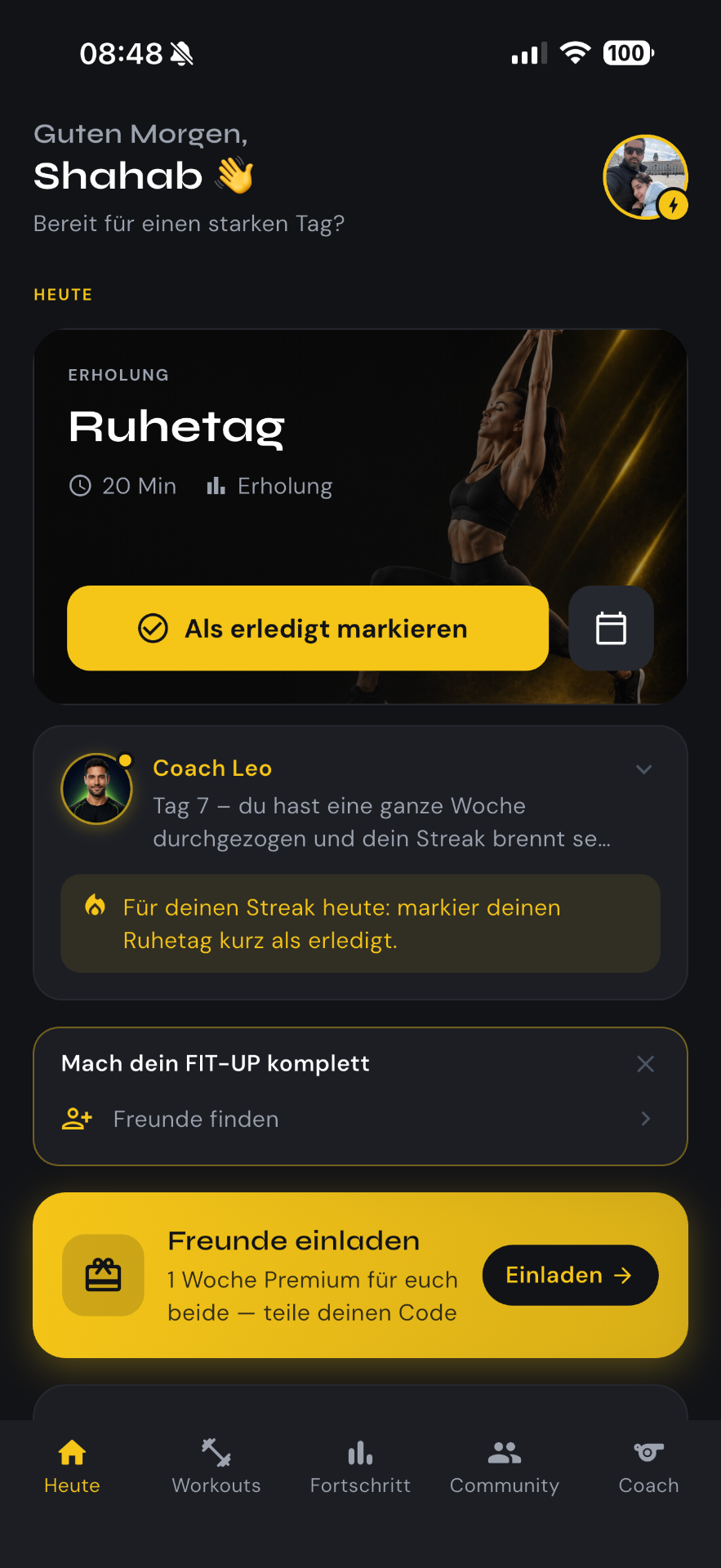 FIT-UP Me Heute-Ansicht mit Tagesplan, Fitness-Score und Streak auf dem iPhone
