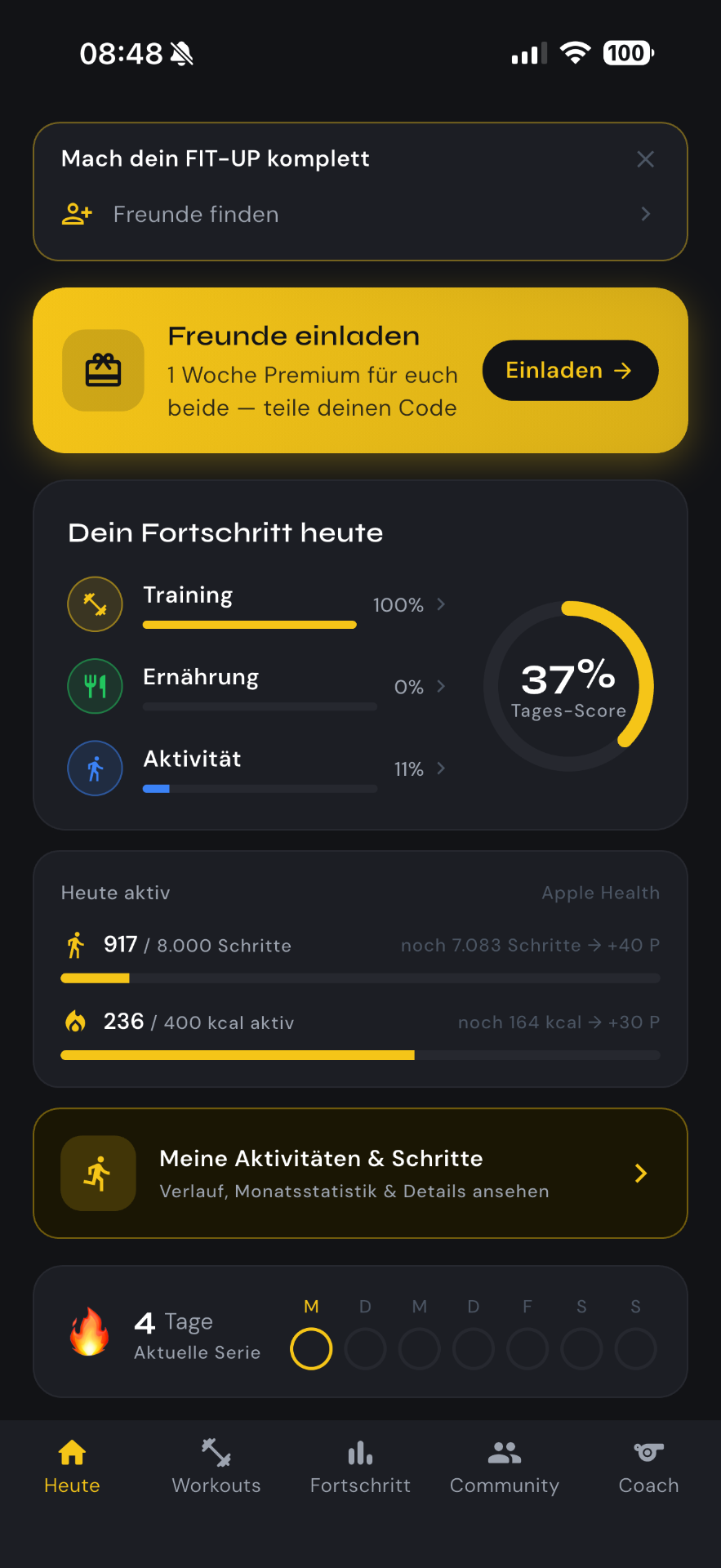 Tagesfortschritt mit aktueller Streak und erledigten Workouts